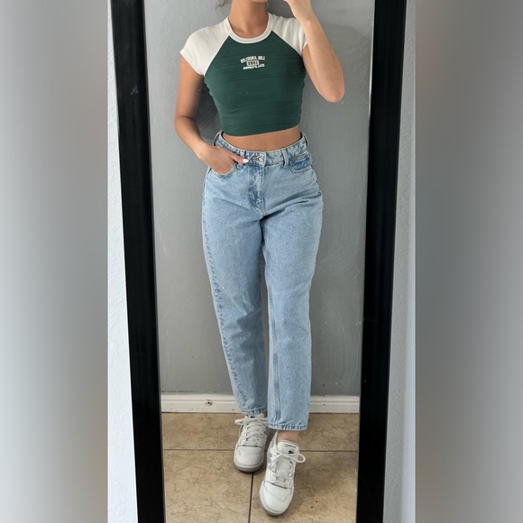 1989 LA Graphic ringer Baby Tee Crop Top Green White S collegiate sporty casual - Picture 5 of 11